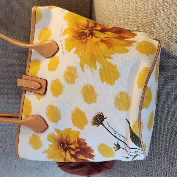 🦆 DOONEY & BOURKE YELLOW FLORAL DAHLIA VARIABILIS SHOPPER TOTE CANVAS LEATHER - Picture 3 of 7